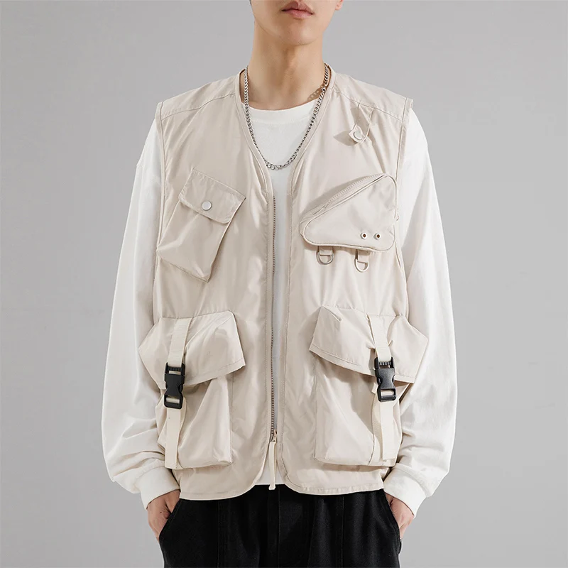 Men's Multi-pocket Vest Sleeveless Solid Color Zipper Cardigan
