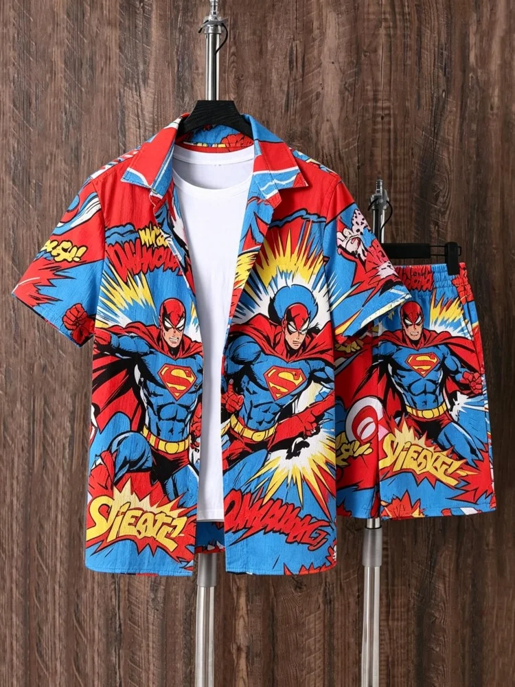 

Men's Short Sleeve Shirt & Shorts Set, Loose Comfort Superhero Comic Print Casual Summer Outfit