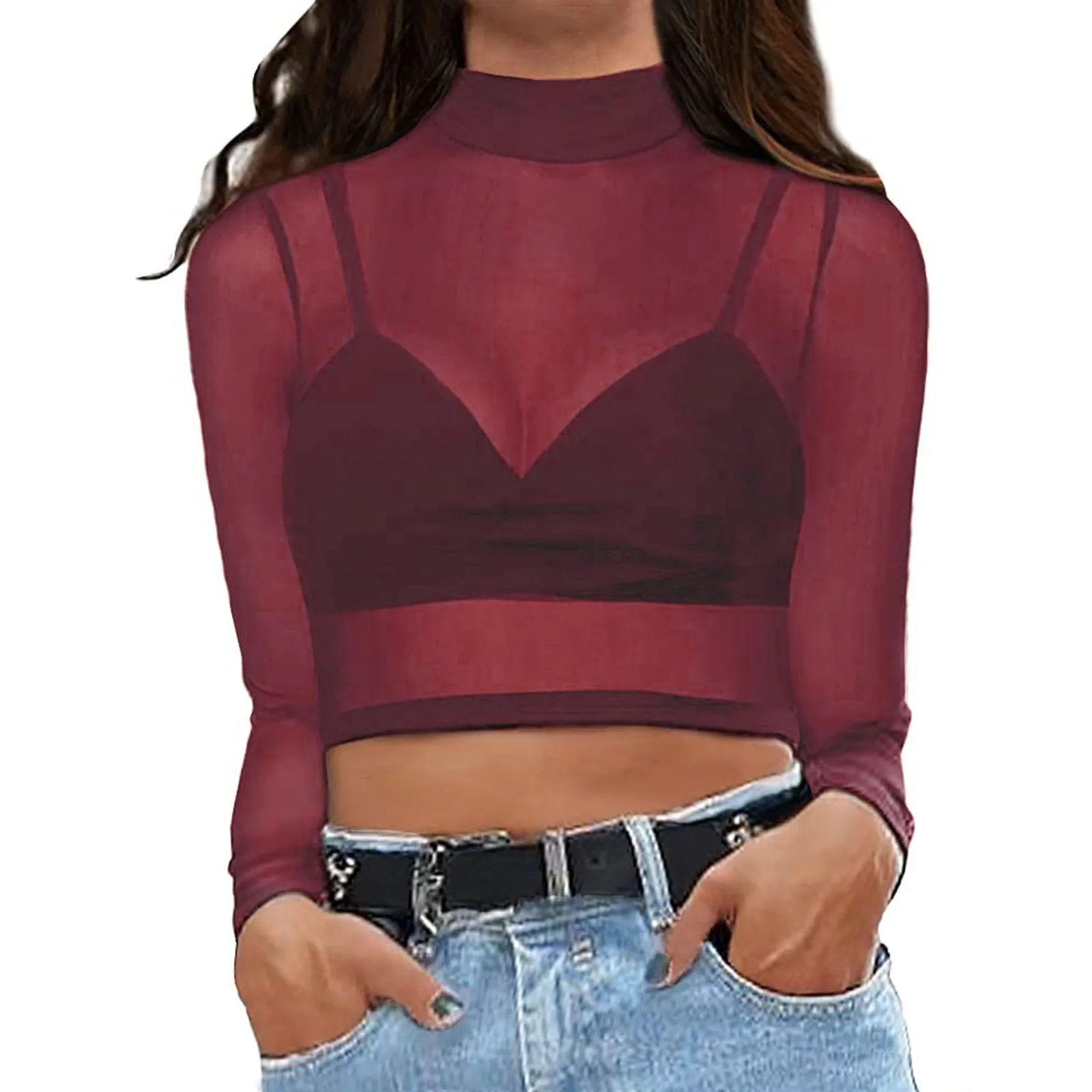 Sudaderas con capucha de manga larga para mujer, Tops cortos de malla transparente, camisetas sexys de manga larga, jerséis de red transparente, ropa de calle para niñas