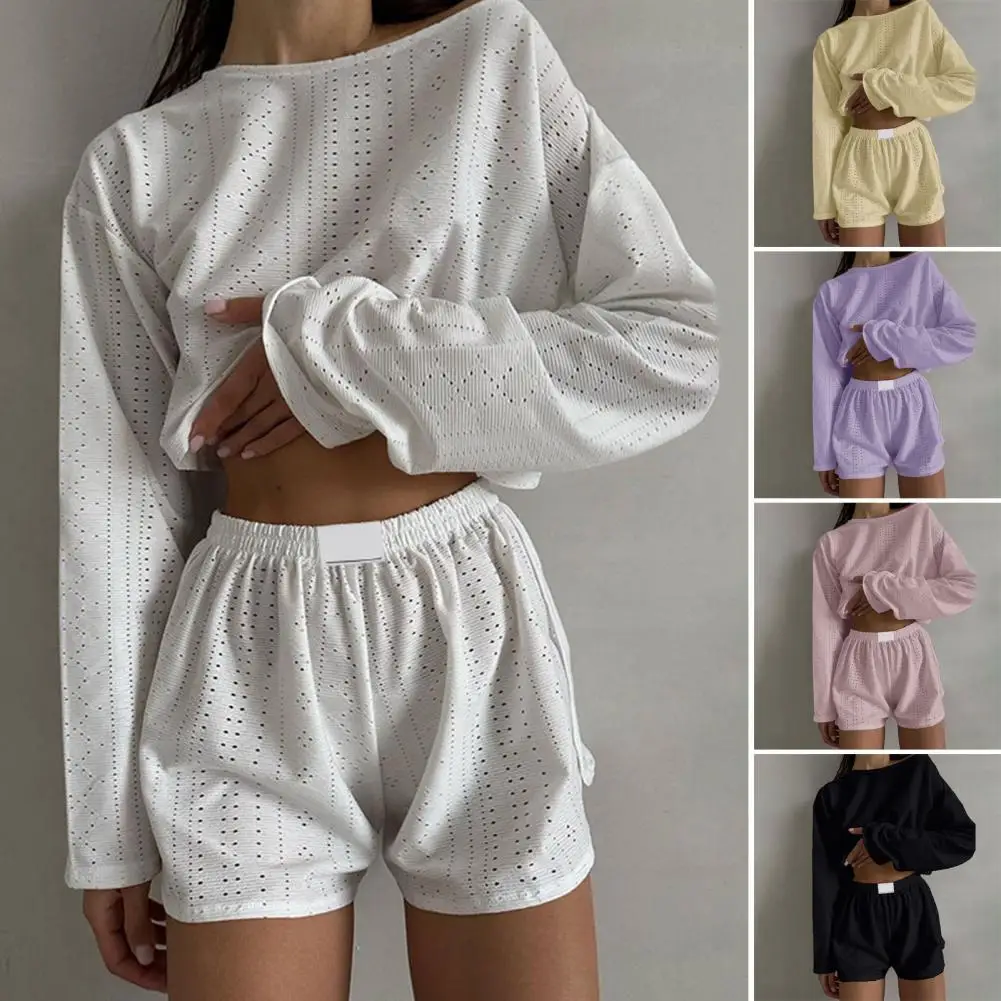 Women Top Shorts Suit Turn-down Collar long Sleeves Blouse Drawstring Elastic Waist Short Pants Outfit 2 Pcs/Set for Jogging