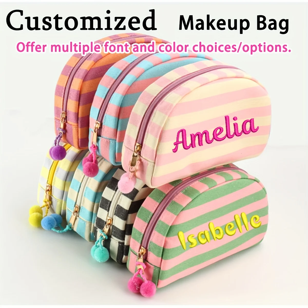 

Полосатая косметичка с вышивкой на заказ, индивидуальное имя, красочный дорожный органайзер для туалетных принадлежностей, праздничная сумка для подружки невесты