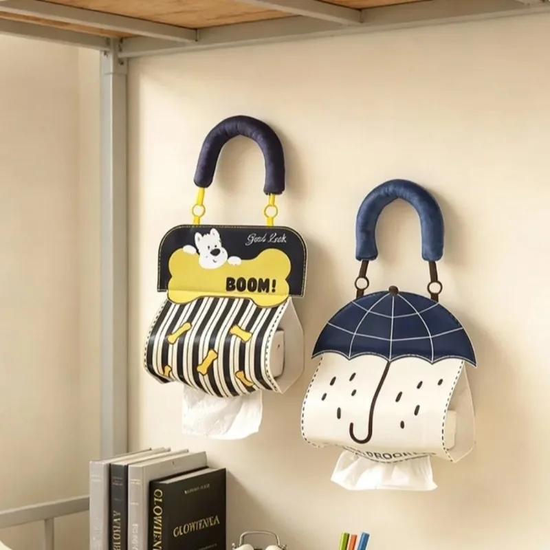 PU Leather Hanging Tissue Dispenser Waterproof Cartoon Pattern Multi‑use Tissue Storage Bag for Car Interior Home