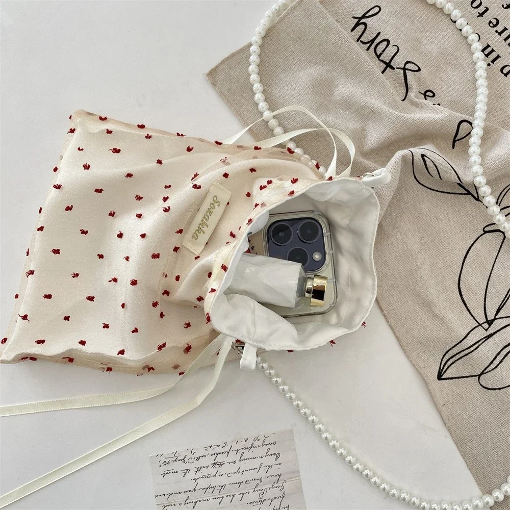 

Женская милая сумка через плечо для мобильного телефона, новинка 2025 года, косметичка в горошек с вышивкой, свежая милая сумка на одно плечо на шнурке