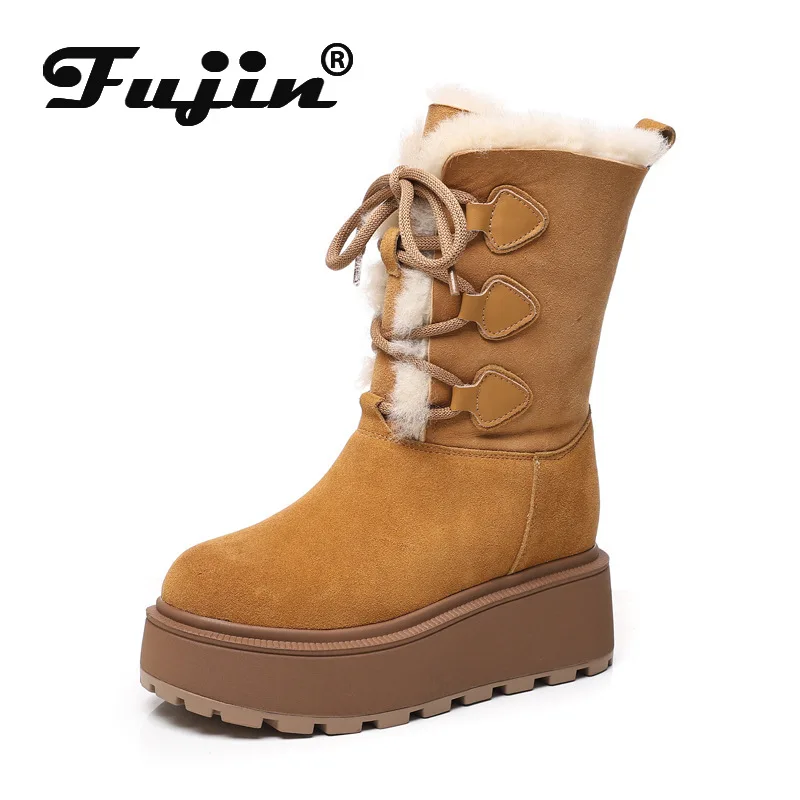 Fujin sepatu bot kulit sapi asli 9cm, sepatu Loafer Platform nyaman musim gugur untuk wanita, sepatu bot Ankle musim semi Wedge, sepatu datar kulit sapi asli untuk wanita