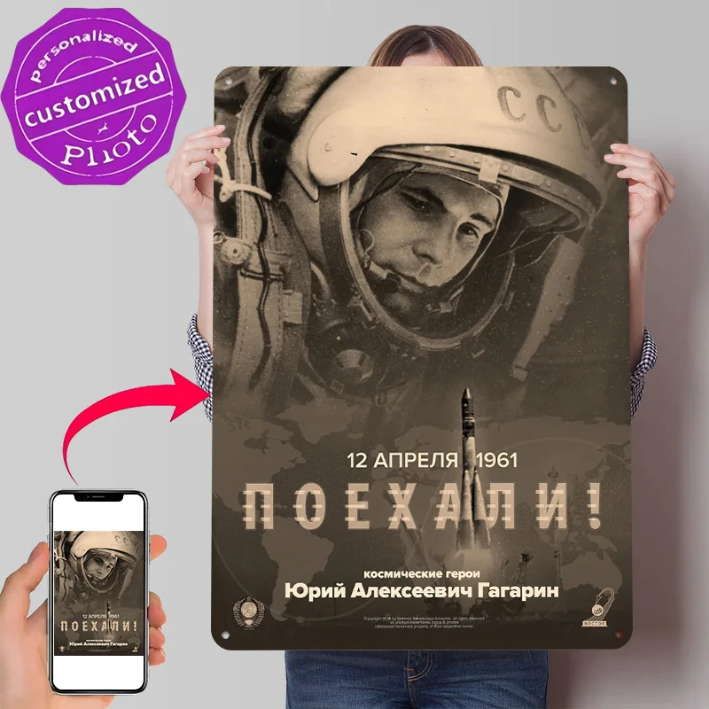 Space Heroes: Gagarin Personalized 3D Textured Metal Poster Wall Art Tinplate Sign for Bathroom Decor Room Decoration Gaming