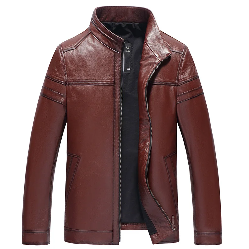 Genuine Leather Clothes Mens First Layer Cowhide Stand-up Collar Slim Fit Biker Jacket Handsome Tide