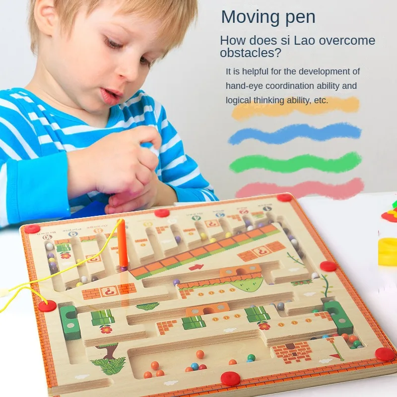 Labyrinthe magnétique de couleur et de chiffres pour enfants, Puzzle en bois, planche d'activité, apprentissage, comptage éducatif, jouets Montessori assortis pour enfants