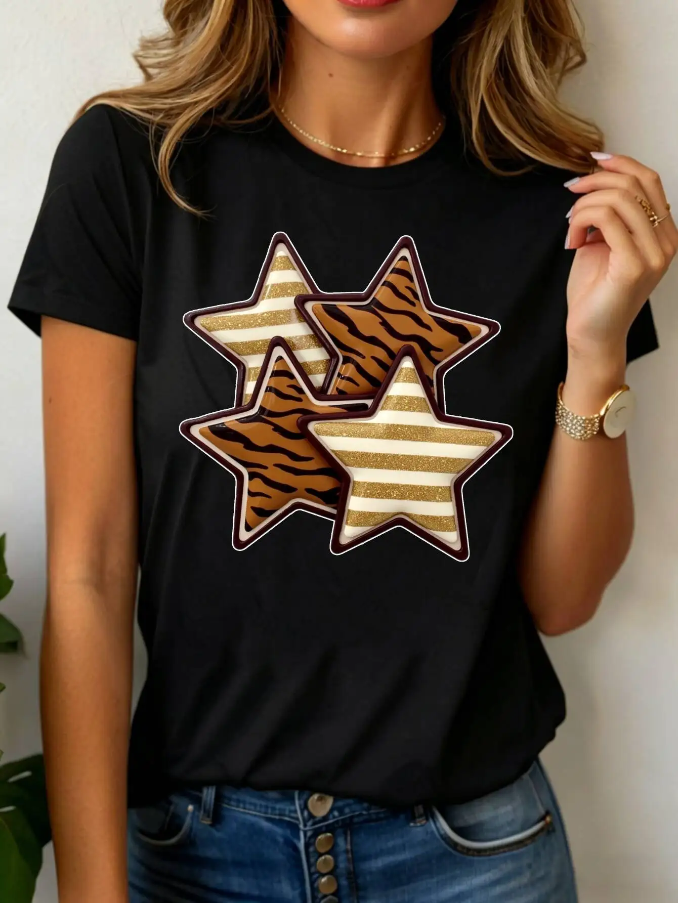 Star Print Tiger Stripe Gold Stripes Design Round Neck y2k Short Sleeve tops tee female tshirt Casual Style Women's T-Shirt