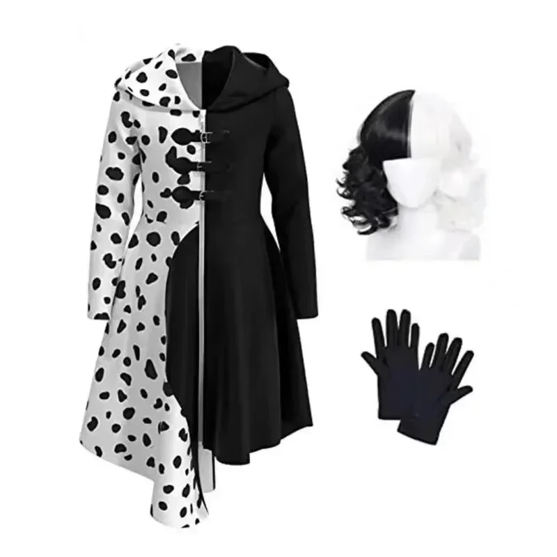 Adult Kid Anime Cruella De Vil Cosplay Costumes 101 Dalmatians Cruella Black White Dress Halloween Costumes for Women Clothing