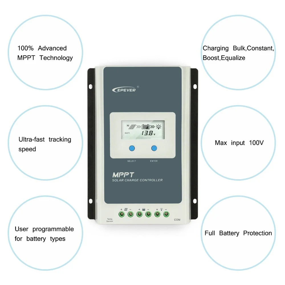 Imagem -05 - Epever Controlador Carga Solar Mpptmppt Solar Charge Controller 40a 30a 20a 10a 12v 24v Auto Solar Panel Regulador para Baterias de Chumbo-ácido-lítio com Wificontrolador de Carga Solar Mppt