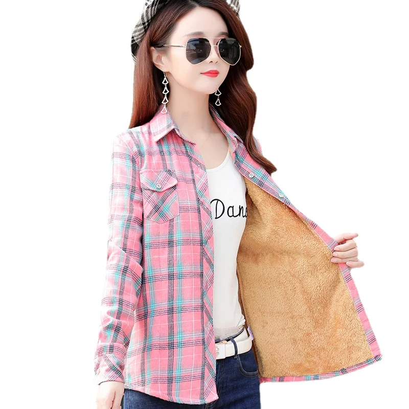 New Women Wool Thicken Plaid Shirts Female Flannel Full Blouses Cotton Cashmere Shirts M-5XL Winter Pockets Slim Tops Mujer