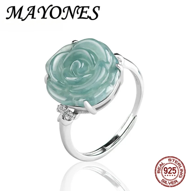

S925 Silver Set Myanmar Jadeite Blue Water Rose Ring Ice Jade Adjustable Female Ring Fashion Fine Jewelry Wedding Party Gift