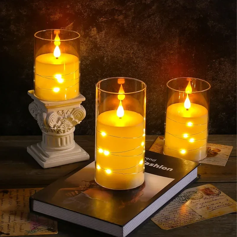 1/3 Pcs LED Flameless Electronic Candle Lights Recessed Flickering String Lamp Clear Acrylic Battery Powered for Christmas Party