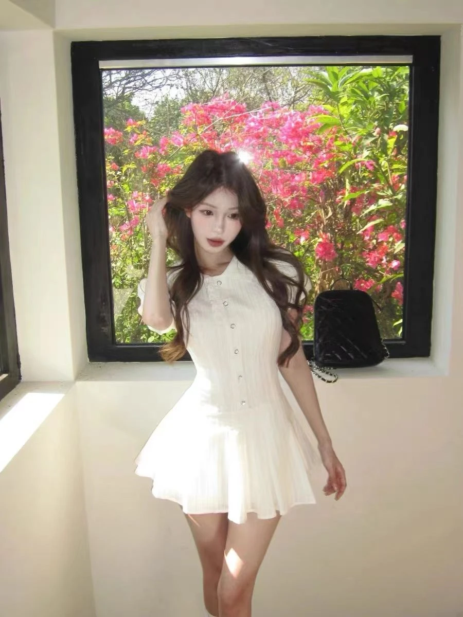 Summer New French Temperament High end Short Sleeve White Dresses for Women Sweet Girl Waist Slimming A-line Short Shirt Dress