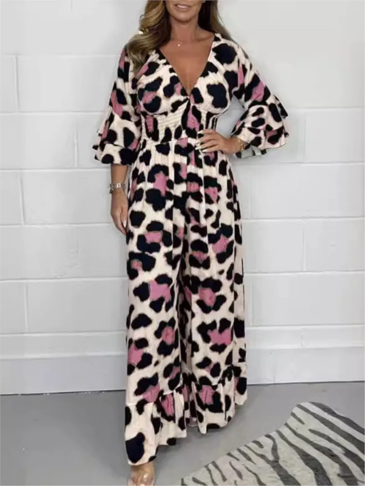 Women Wide-leg Jumpsuit Leopard Print Wide Leg Jumpsuit For Women Stylish V Neck Mid Sleeve Ruffle Patchwork Design For Commute