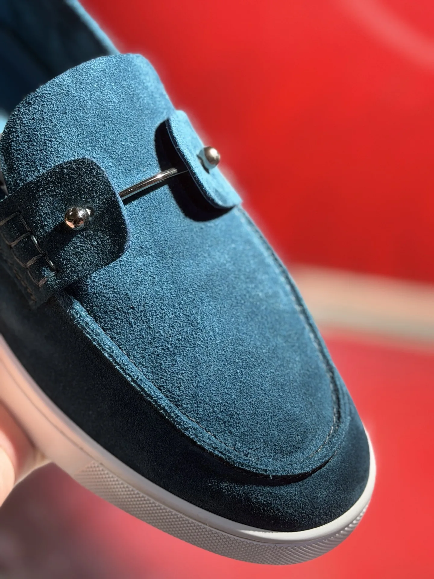 Luxury Men's Rivet Button Navy Blue Suede Leather Loafers Red Bottom Classic Casual Women Boat Platform Thin White Sole Shoes