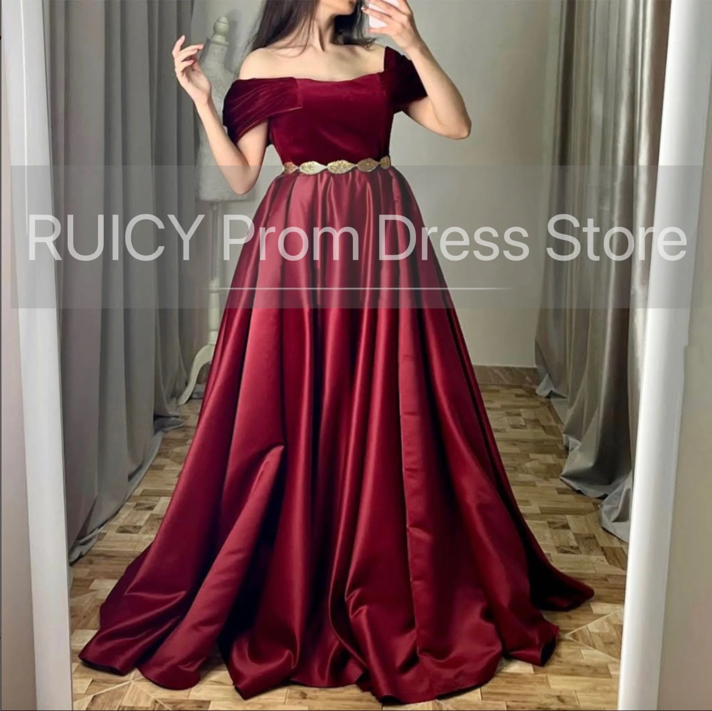 Off The Shoulder Burgundy Prom Dresses Women 2025 Luxury A-line Wedding Party Dresses With Gold Belt vestido de gala noche mujer