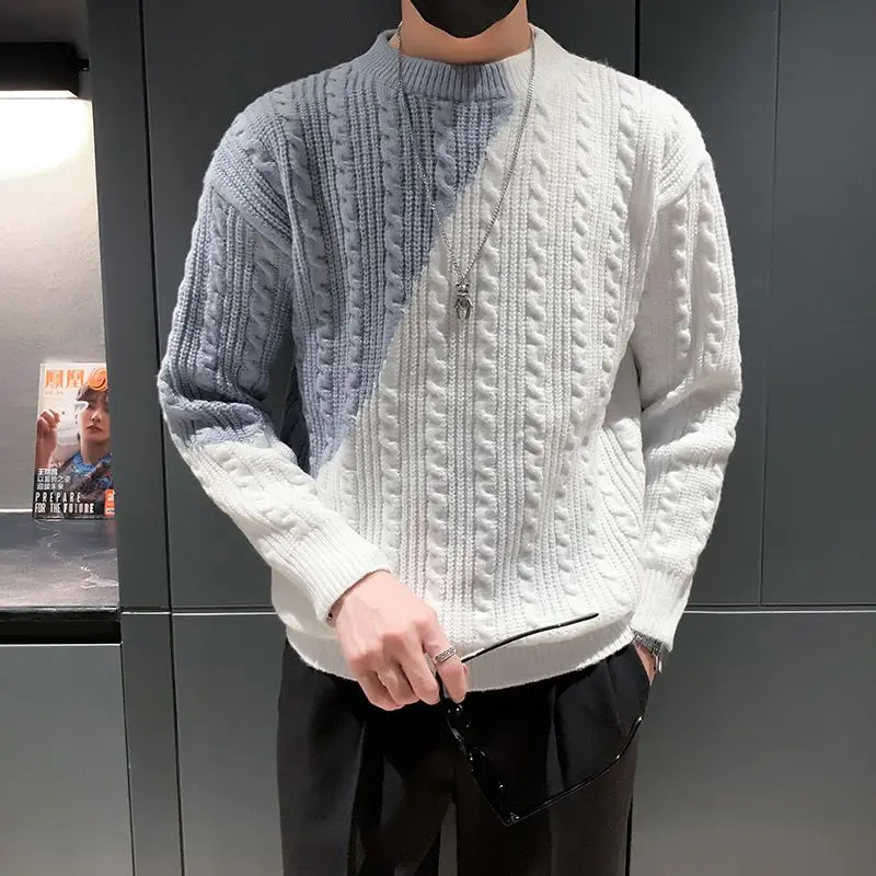 Autumn Winter Sweater Men\'s 2024 New Splicing Half High Collar Screw Thread Fashion Solid Slim Casual Knitted Long Sleeve Tops