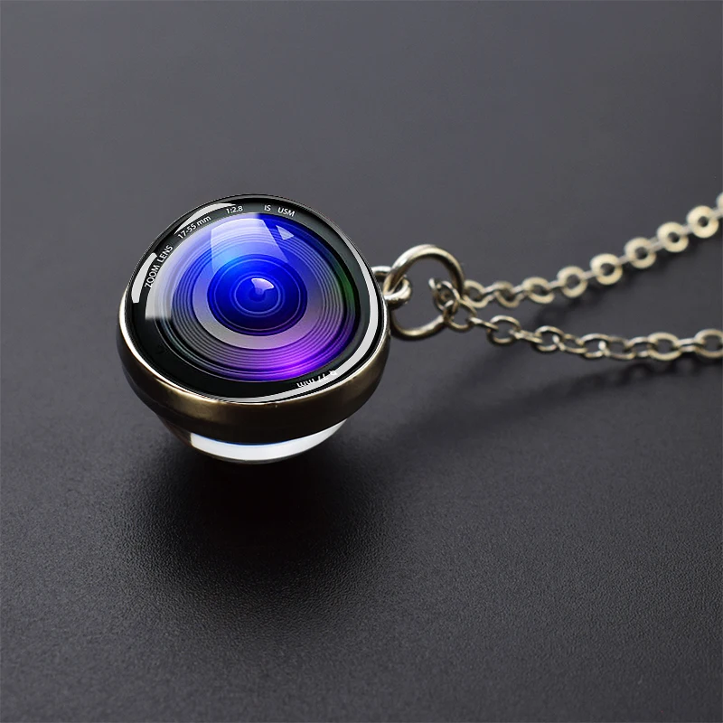 Camera Lens Eyes Necklace Double Side Glass Ball Pendant Gift for Photography Lovers