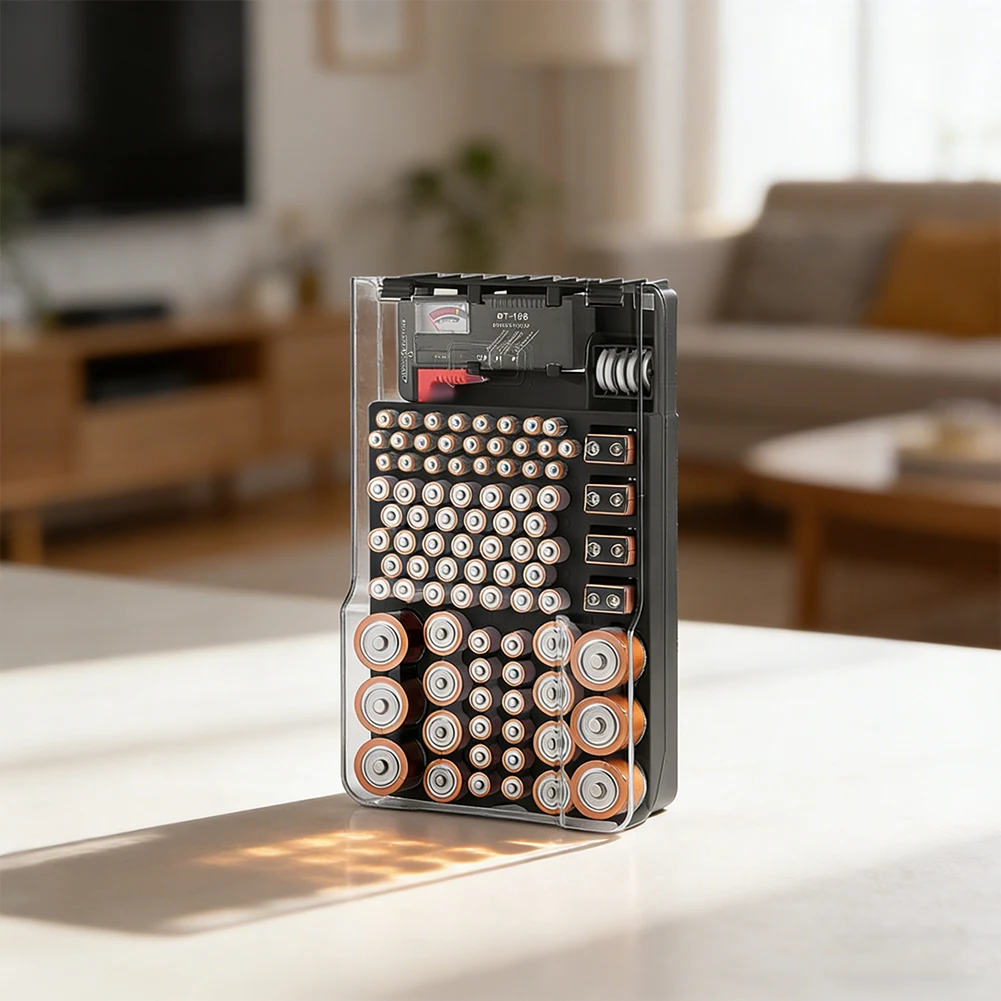 Large Capacity Battery Storage Box with See-Through Lid and Integrated Tester Supports AA AAA C D 9V Cells Up to 93 Total Units