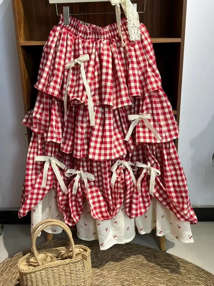 2025 Sweet Fit Chic Patchwork Plaid Skirt Women Kawaii New Vintage Bow Print Fluffy Skirts Harajuku Y2k Lovely Clothes Summer
