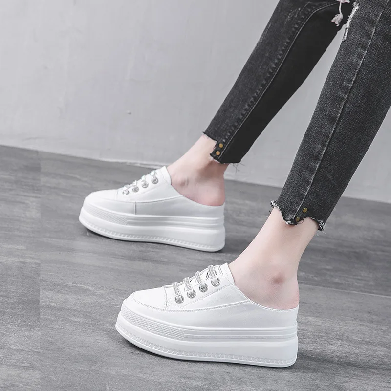 Fashion 8.5cm Genuine Leather Women Slipper Summer Shoes Platform Wedge Beach Shoes Mule Leather Slip on Sneakers Sandals Shoes