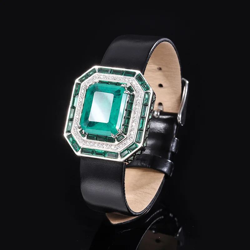 High Carbon Diamond Rectangle Lab Created Emerald Ruby Red Charm Bracelets With Black Leather Belt Chain Jewelry