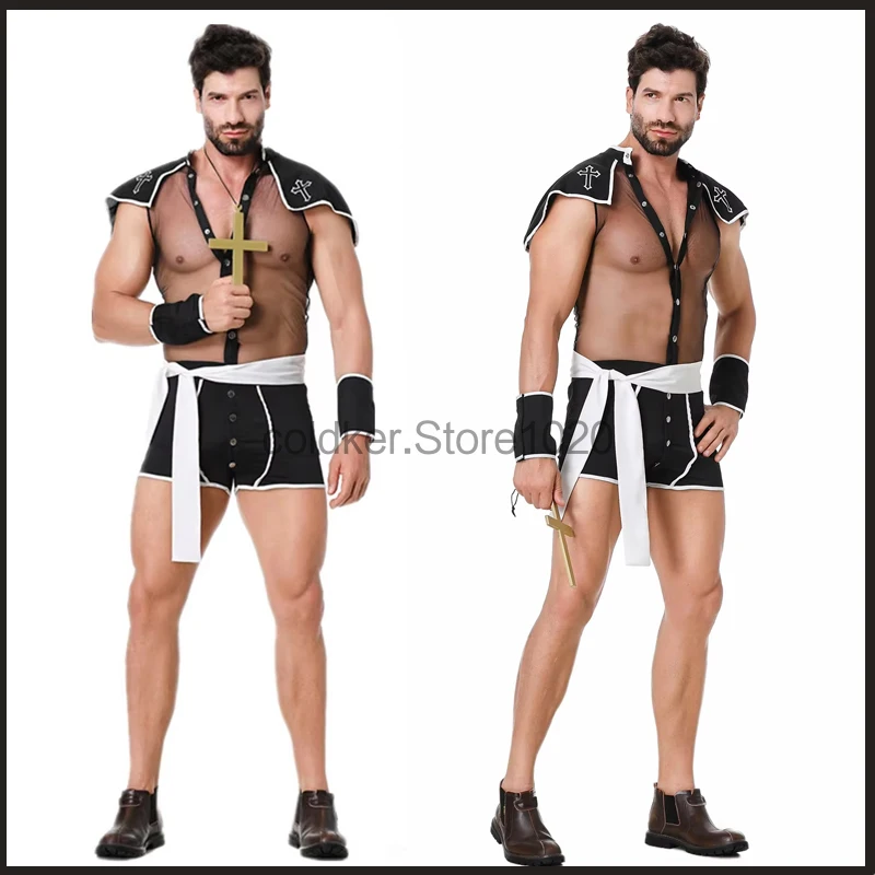 New Men's Sexy Priest Costume Halloween Party Christian Pastor Uniform Set Black See Through Jumpsuits Belt Cross Suit