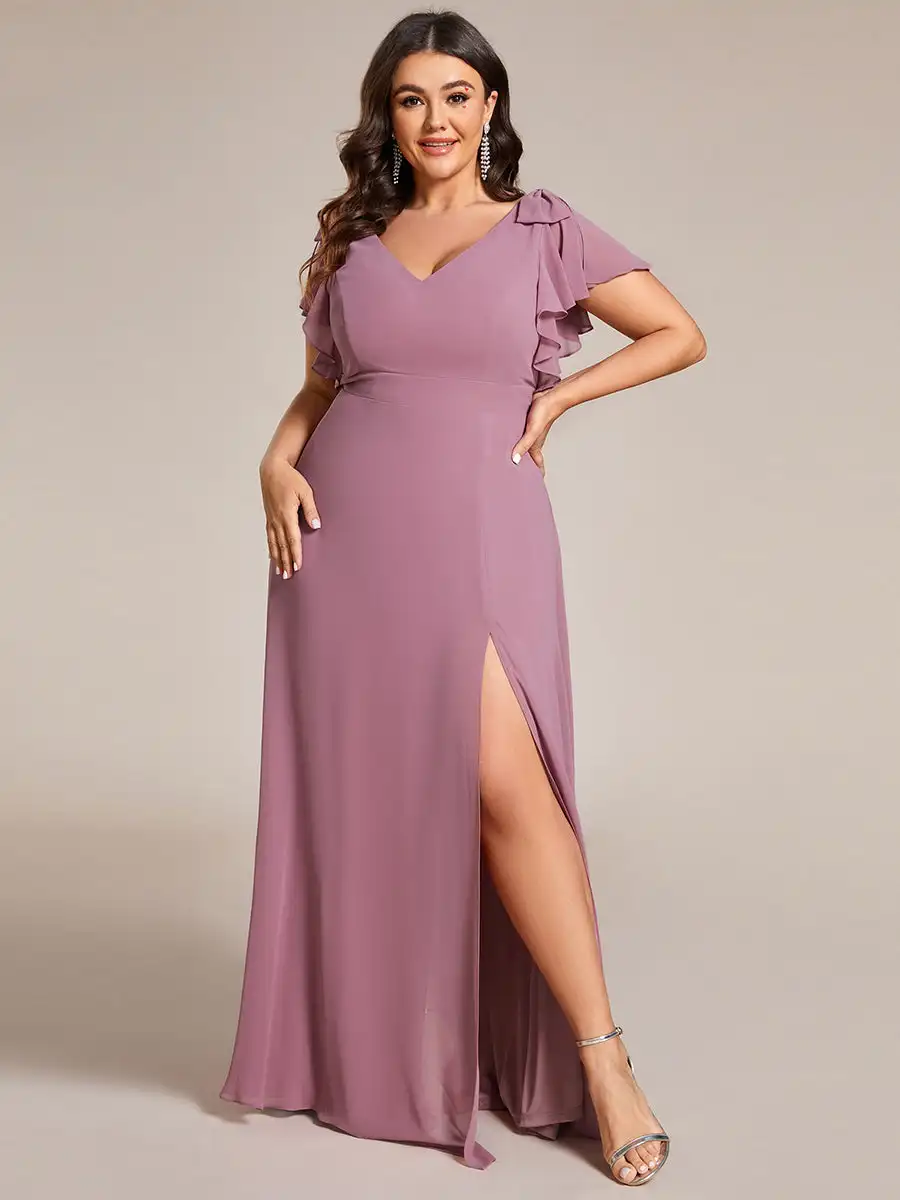 Plus Evening Dresses Short Sleeves with Bowknot High Front Slit 2024 Ever pretty of A-Line Orchid Chiffon Bridesmaid Dress