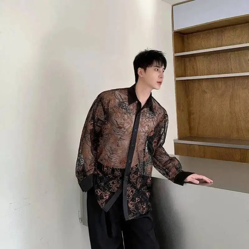 Men's Sheer Long Sleeve Shirt Black Floral Embroidery Lapel Loose Fit Casual Semitransparent Runway Style Top W7UC