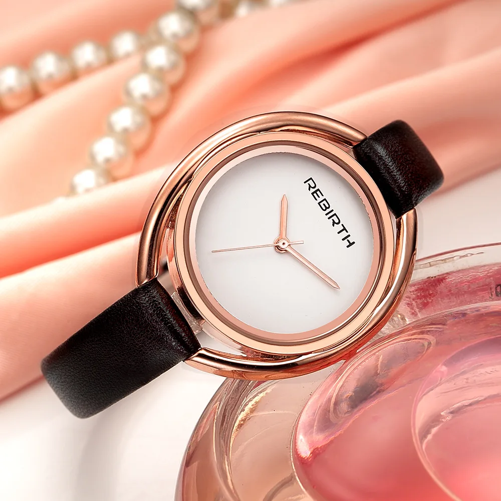 ساعة كوارتز نسائية من REBIRTH 028 عصرية وبسيطة بحزام جلدي باللونين الأبيض والأسود كهدية عيد ميلاد للسيدات