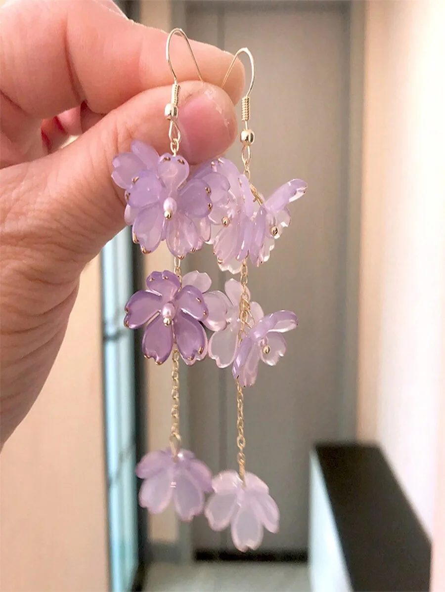 Lavender Flower Cascade Drop Earrings For Women  Summer Chic Long Dangle Style Perfect For Casual, Vacation, Or Evening Events