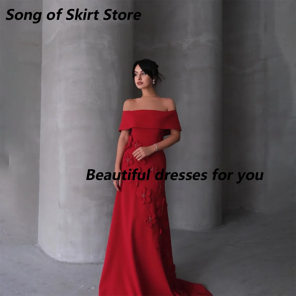 레드 머메이드 이브닝 드레스 맞춤 제작 오프숄더 보트넥 플로어 기장 저지 프롬 가운 플라워 플리츠 스윕 트레인 파티 드레스