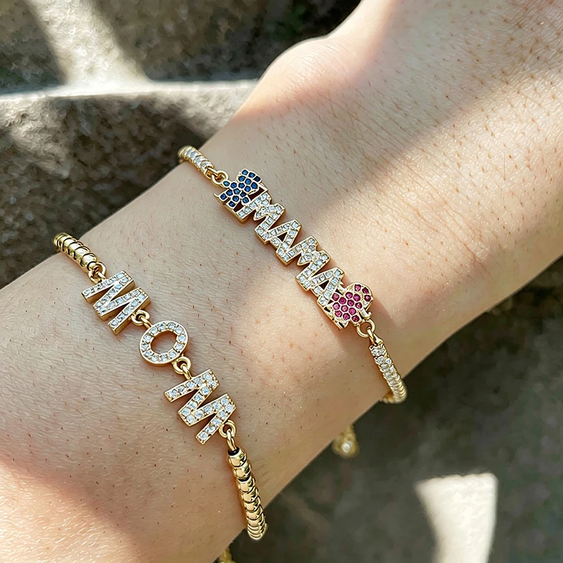 Pulsera de moda 2026 con dije MAMA chapado en oro, brillante, con circonitas, ajustable, con letras, regalo de cumpleaños para madre, joyería.