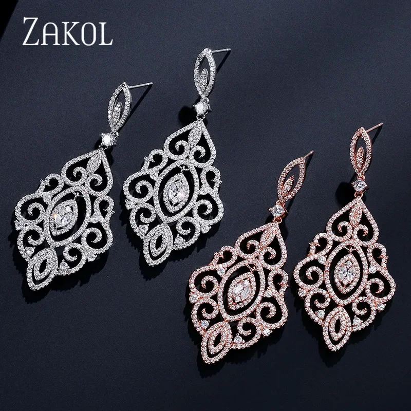 ZAKOL Luxury Leaf  Full Micro Paved Cubic Zirconia Big Drop Earrings Fashion Wedding Party Jewelry for Women FSEP2186