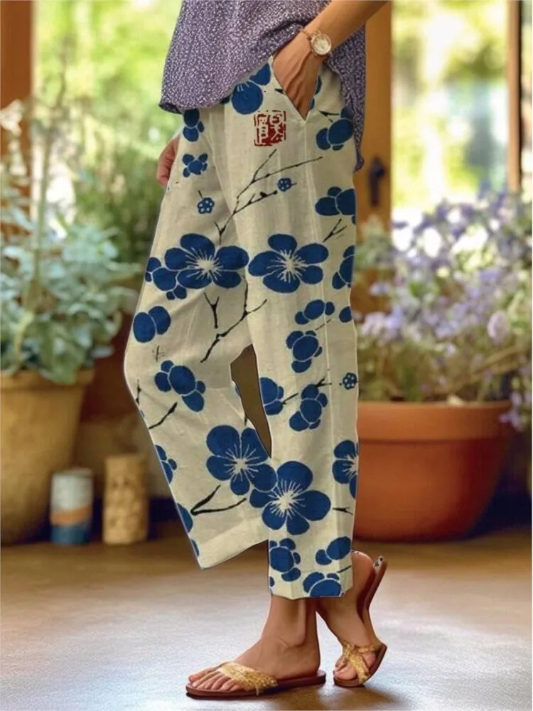 

Women's Floral Print Pants Fashion Pockets Mid Waist Straight Ankle-Length Pants Women Casual Holiday Boho Y2k Womens Clothing