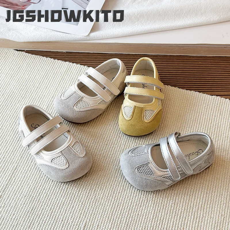 JGSHOWKITO Girls Ballet Flat Shoes Patchwork Mesh Children's Leather Shoes Breathable Soft Soled Kids Princess Mary Jane Shoes