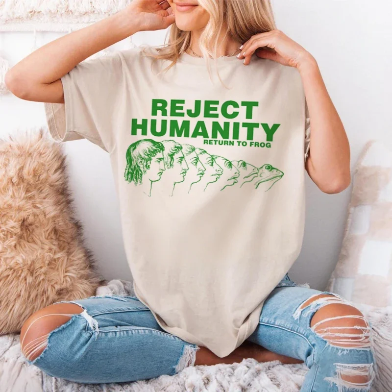 Women Men Reject Humanity Funny Meme Frog T-Shirts Hippie Retro Weirdcore Graphic Tees Cool Evoloution Shirt Unisex Humor Tops