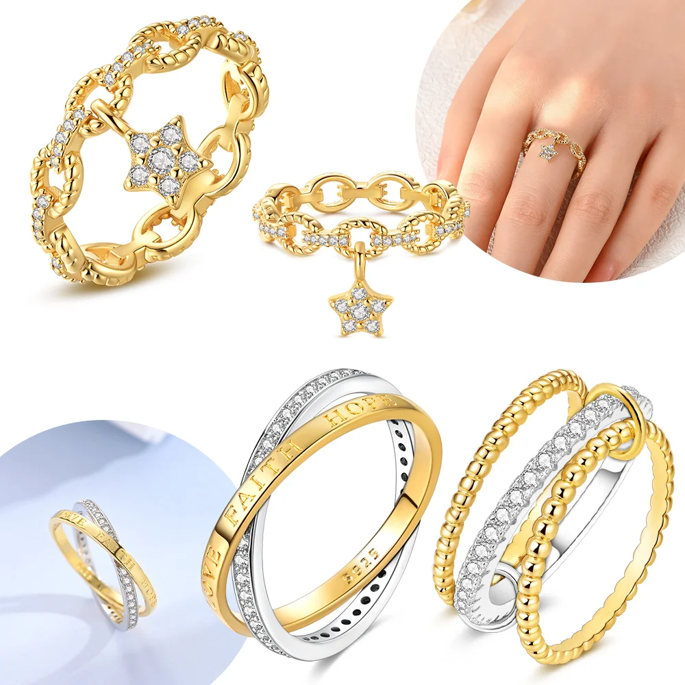 925 Sterling Silver Gold Plated Dangling Star Charm Women Rings Fit Pattern Rings For Women Girls Jewelry Birthday Anniversary