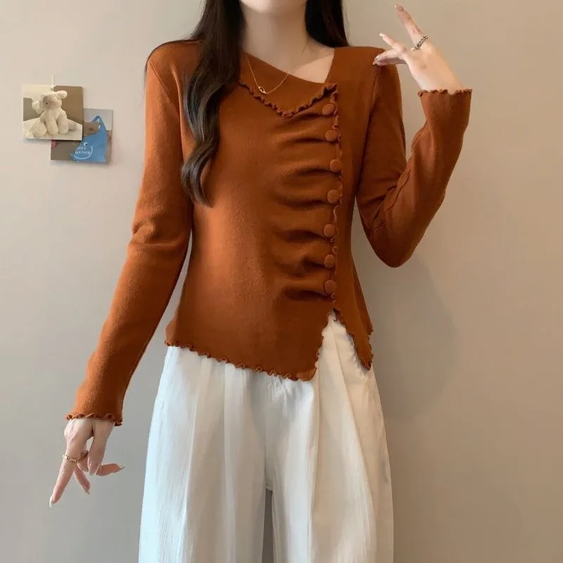 French Sweet Style Fungus Patchwork Sweater Autumn and Winter New Style Irregular Slim Long-sleeved Inner Sweater