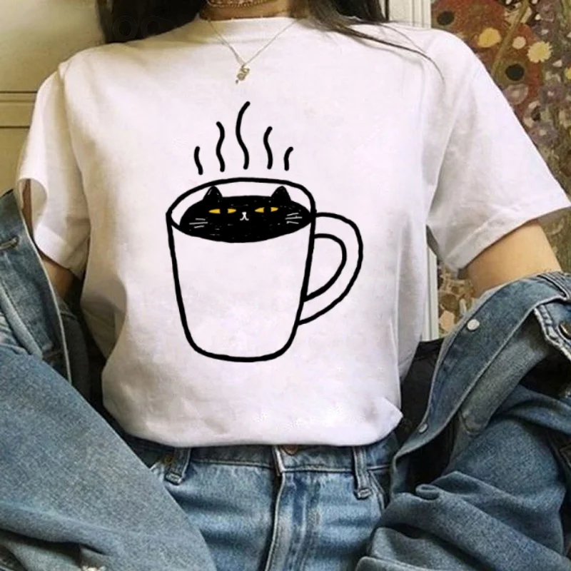 

Coffee Cup Black Cat Pattern Cute Kawaii Printed T-Shirt Short Sleeve Casual Top Women's Fashion Summer Round Neck White T-Shirt