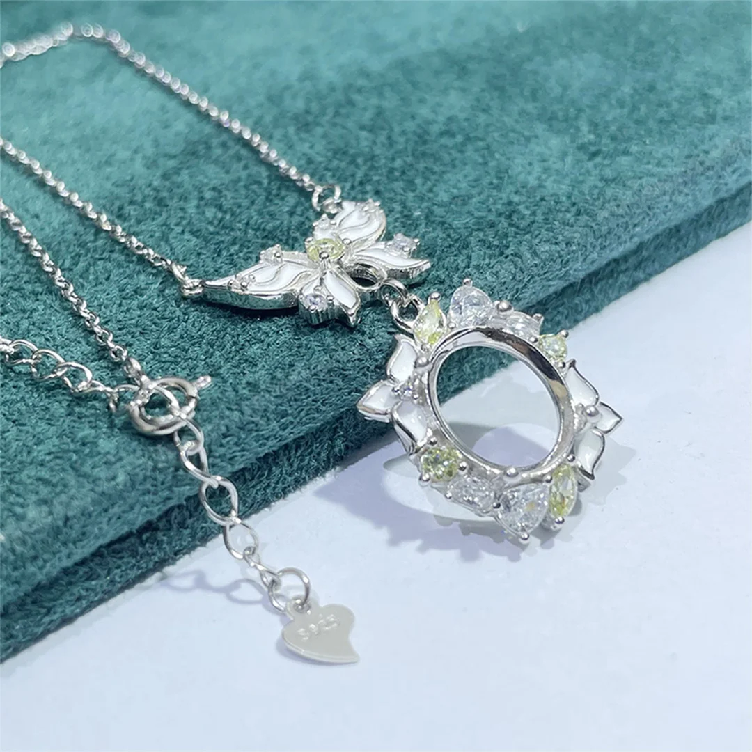 MeiBaPJ Inlay 10*12mm Elliptic Stone S925 Sterling Silver Fashion Necklace Holder DIY Empty Support for Women Fine Charm Jewelry