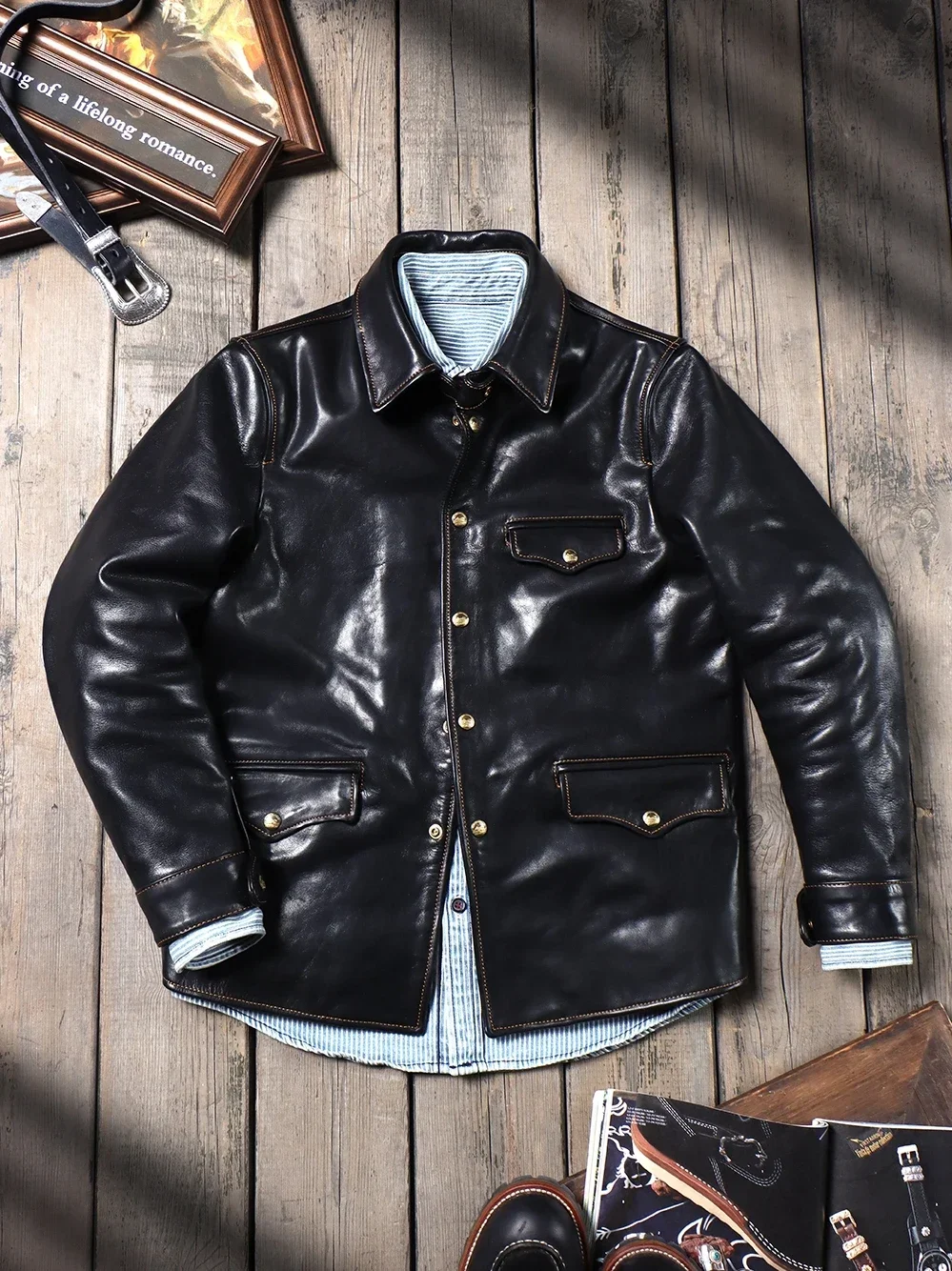 

Tailor Brando Washed Uncoated Vegetable Tanned Calfskin Brakeman Vintage Work Jacket Lapel Men's Genuine Leather Jacket