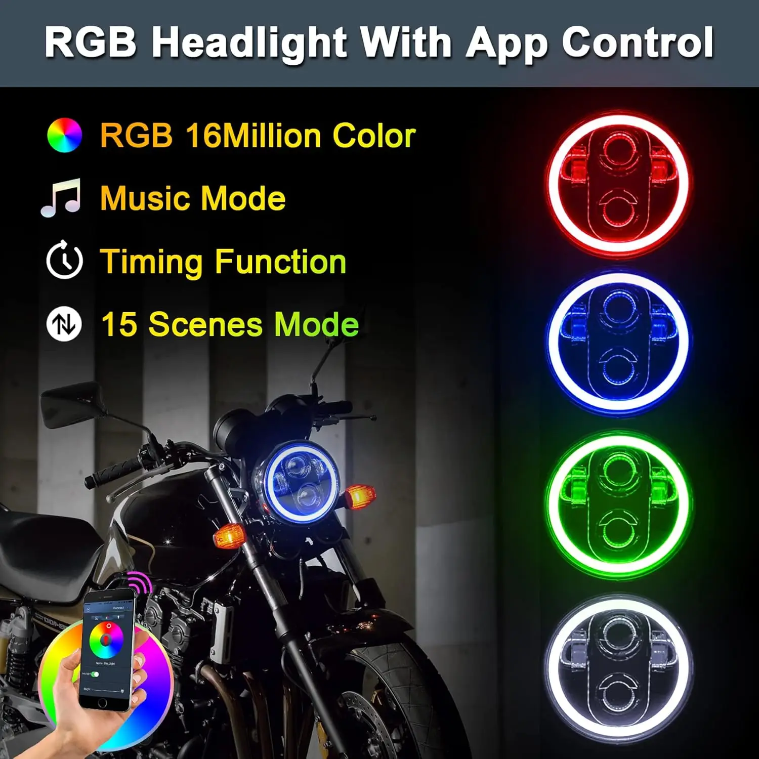 1Set 5.75Inch RGB Headlight with RGB Halo Mobile App Remote Control Music Mode Compitable with Harley Sporster 883