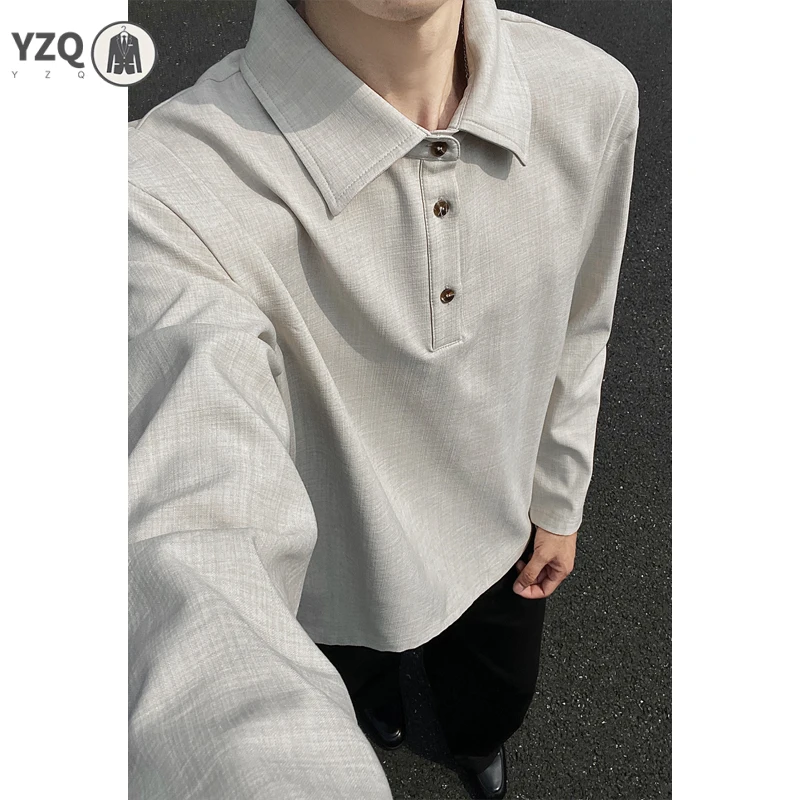 Men Half Button Lapel Long Sleeve Polo Top Heather Textured Weave Relaxed Oversized For Layered Autumn Casual Outfit