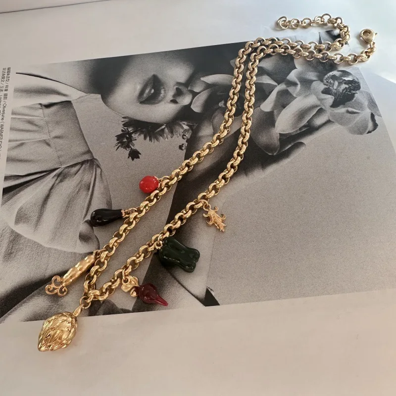 Vintage Sweet Cool Colorful Enamel Fruit and Vegetable Multi-Sweater Chain Pendant Necklace for Women