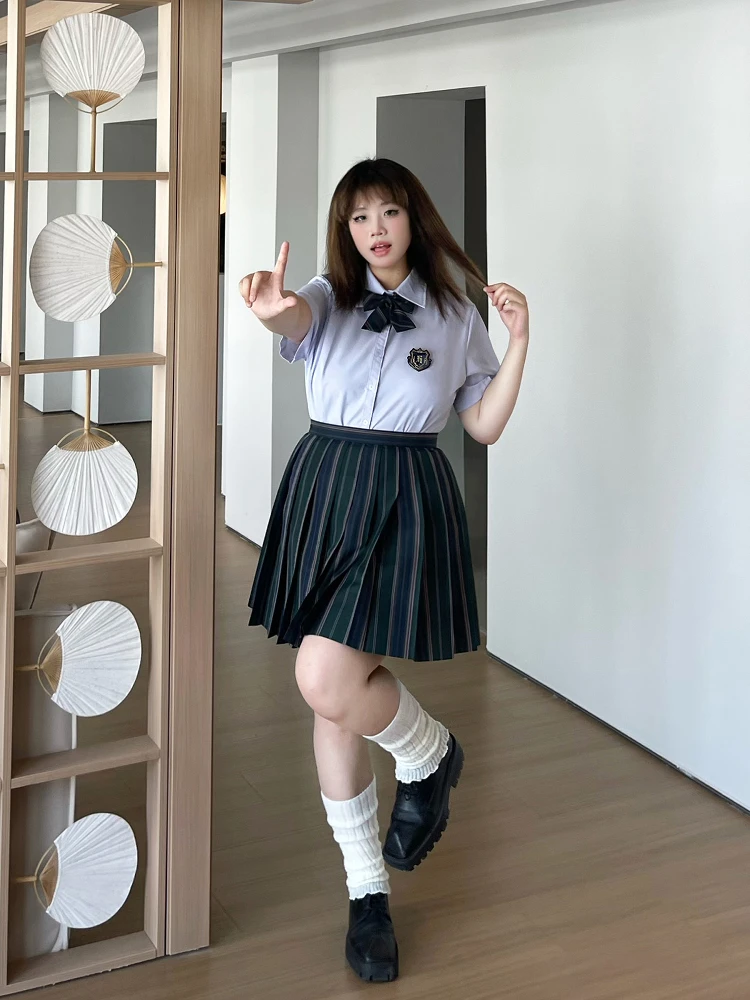 Large Size Jk Dark Green Striped High Waist Age-reducing Short Pleated Skirt Summer Girl Water Purple Leisure Versatile Shirt