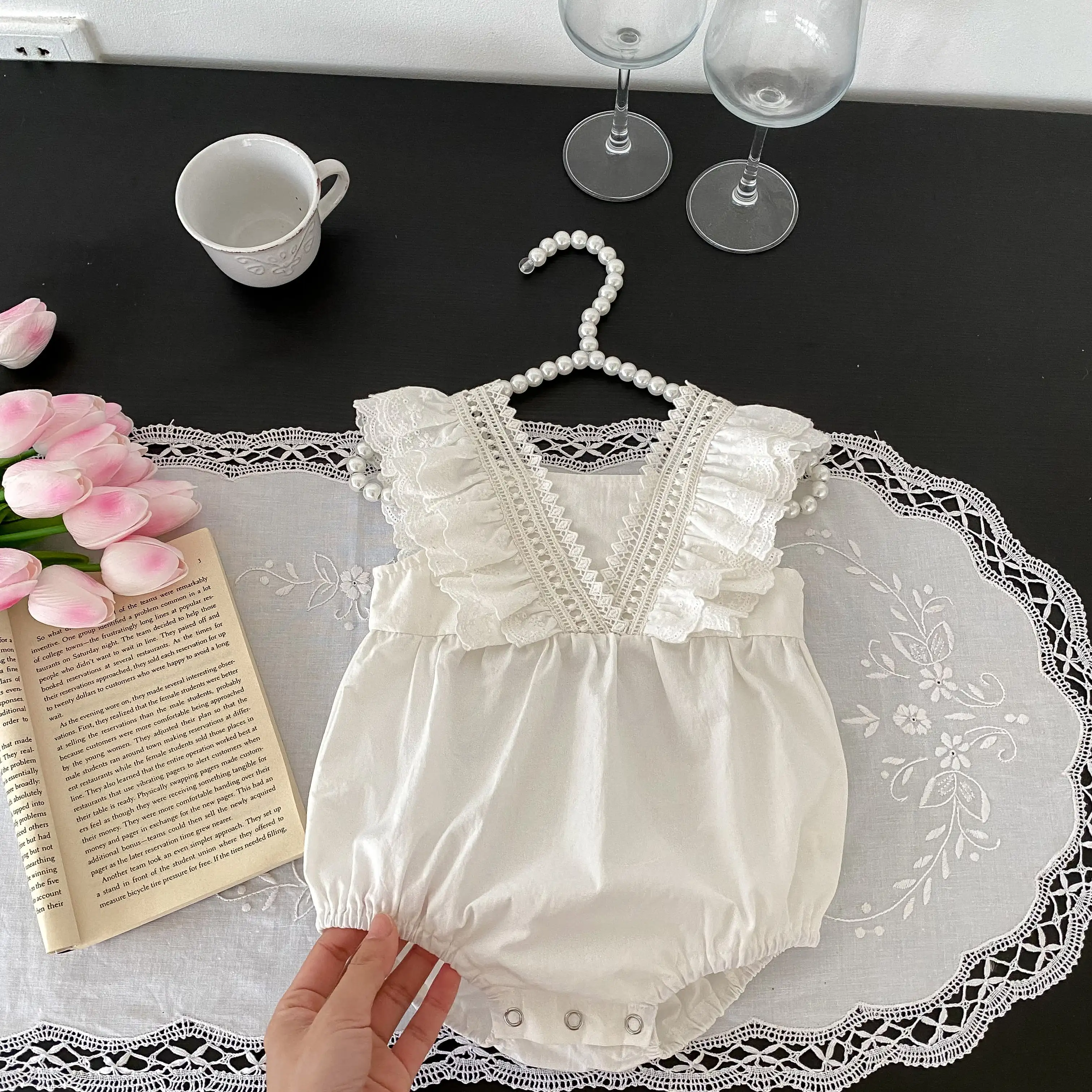 summernew baby baby one-piece dress for girl baby pure cotton versatile lace fly sleeve shoulder strap wrap fart triangle romper