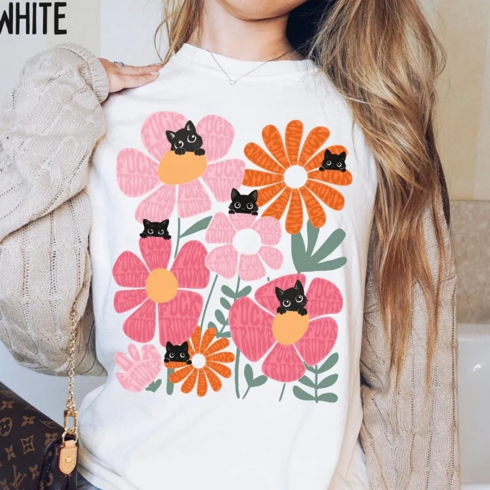 Hidden Message Floral Cat Shirt Flowers Cats Graphic Women Short Sleeve Tee Print Summer Tshirt Oversized Clothes