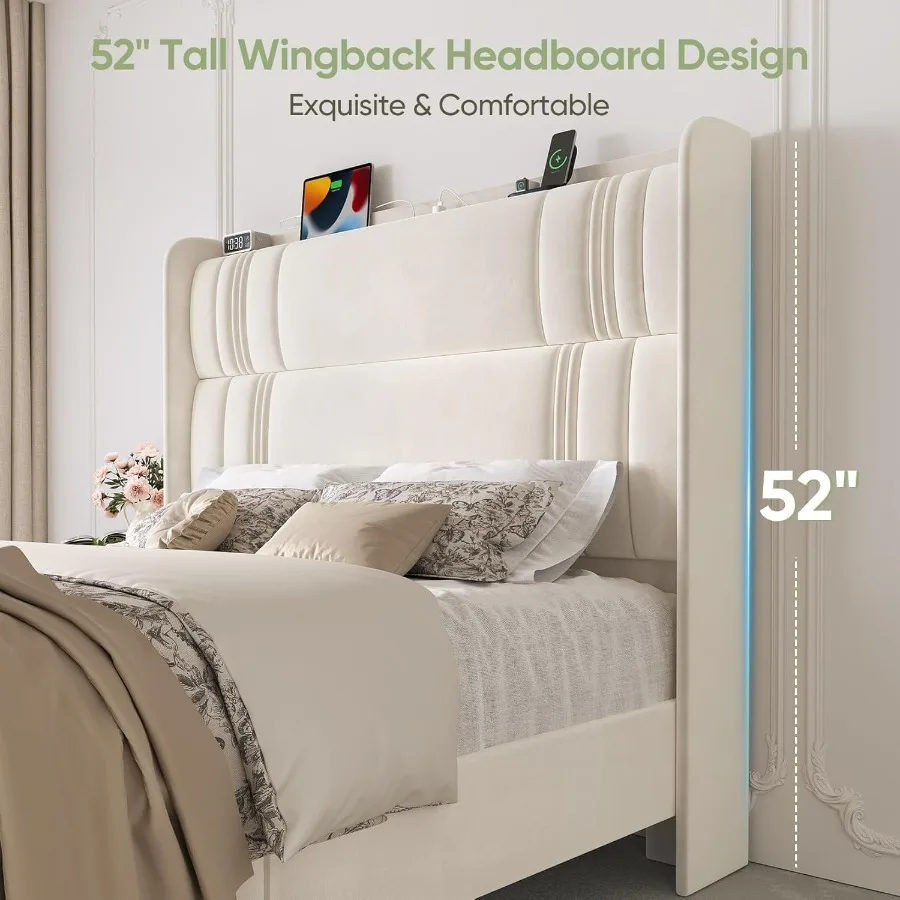 إطار سرير كوين مع لوح رأسي طويل 52 إطار سرير بمنصة منجدة مع محطة شحن إطارات سرير مخملية فاخرة منحنية #5